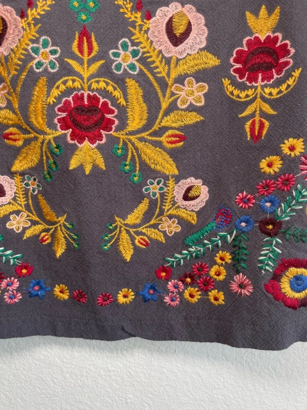 Umgee USA Boho Embroidered Mini Skirt Floral Gray Cotton Linen Medium